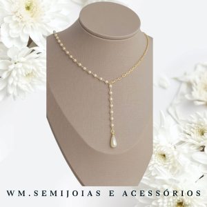 Gravatinha pérolas e gota em Banho Ouro 45cm = GR-01422