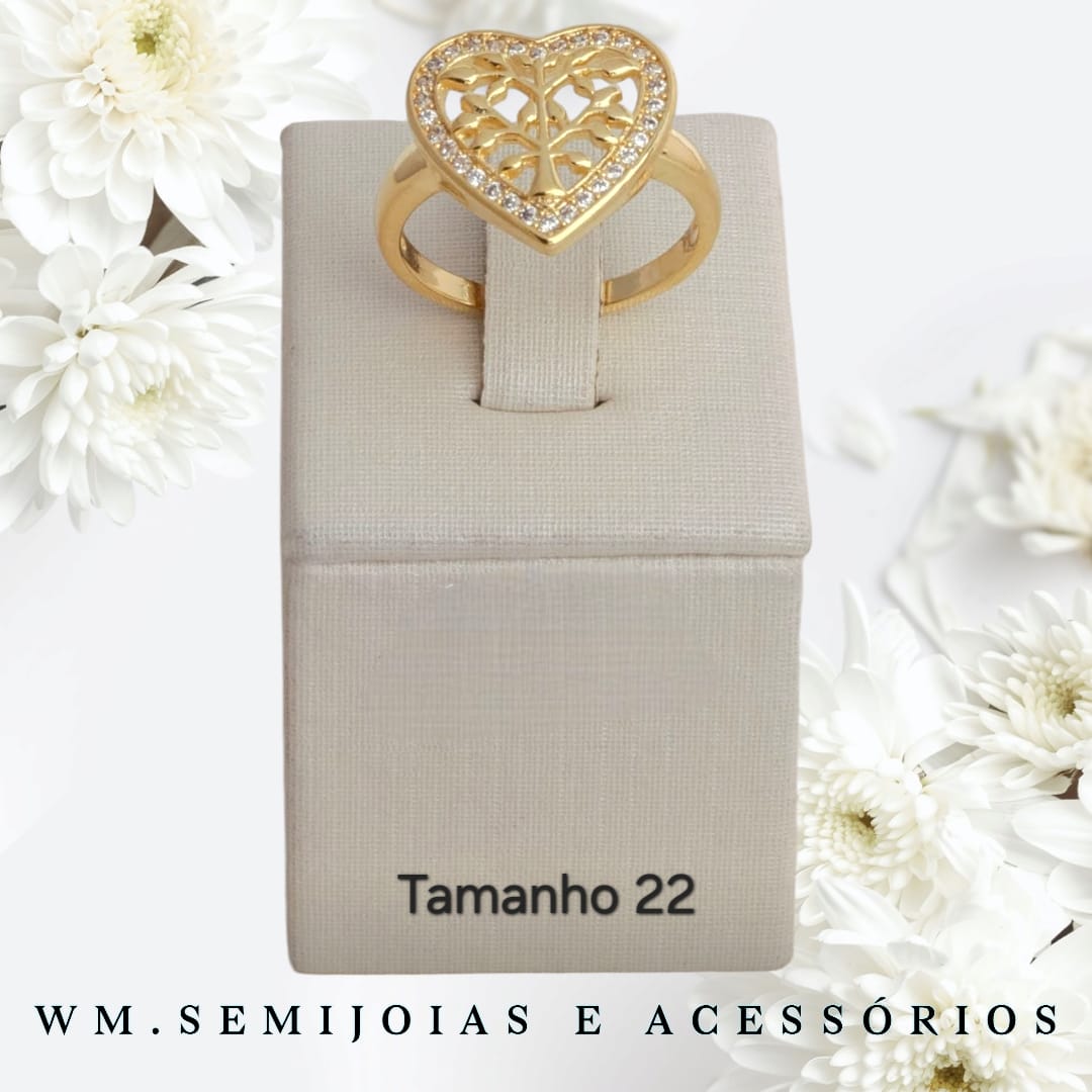 Anel Árvore da Vida no Coração em Banho Ouro Tamanho