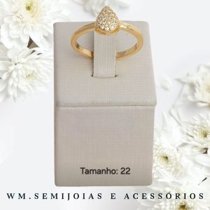 Anel gota com cravação em microzircônias Banho Ouro Tamanho