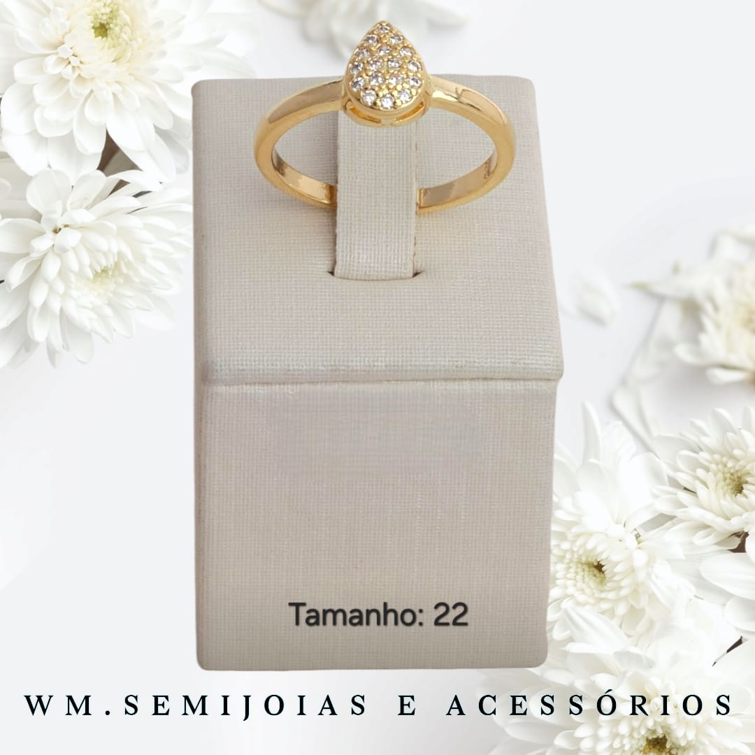 Anel gota com cravação em microzircônias Banho Ouro Tamanho