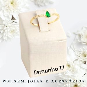 Anel gota verde esmeralda com cravação em microzircônias Banho Ouro