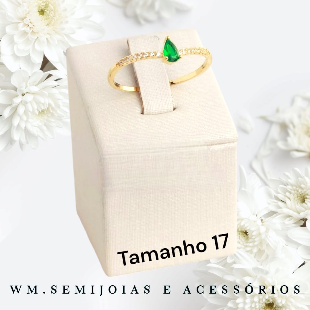 Anel gota verde esmeralda com cravação em microzircônias Banho Ouro