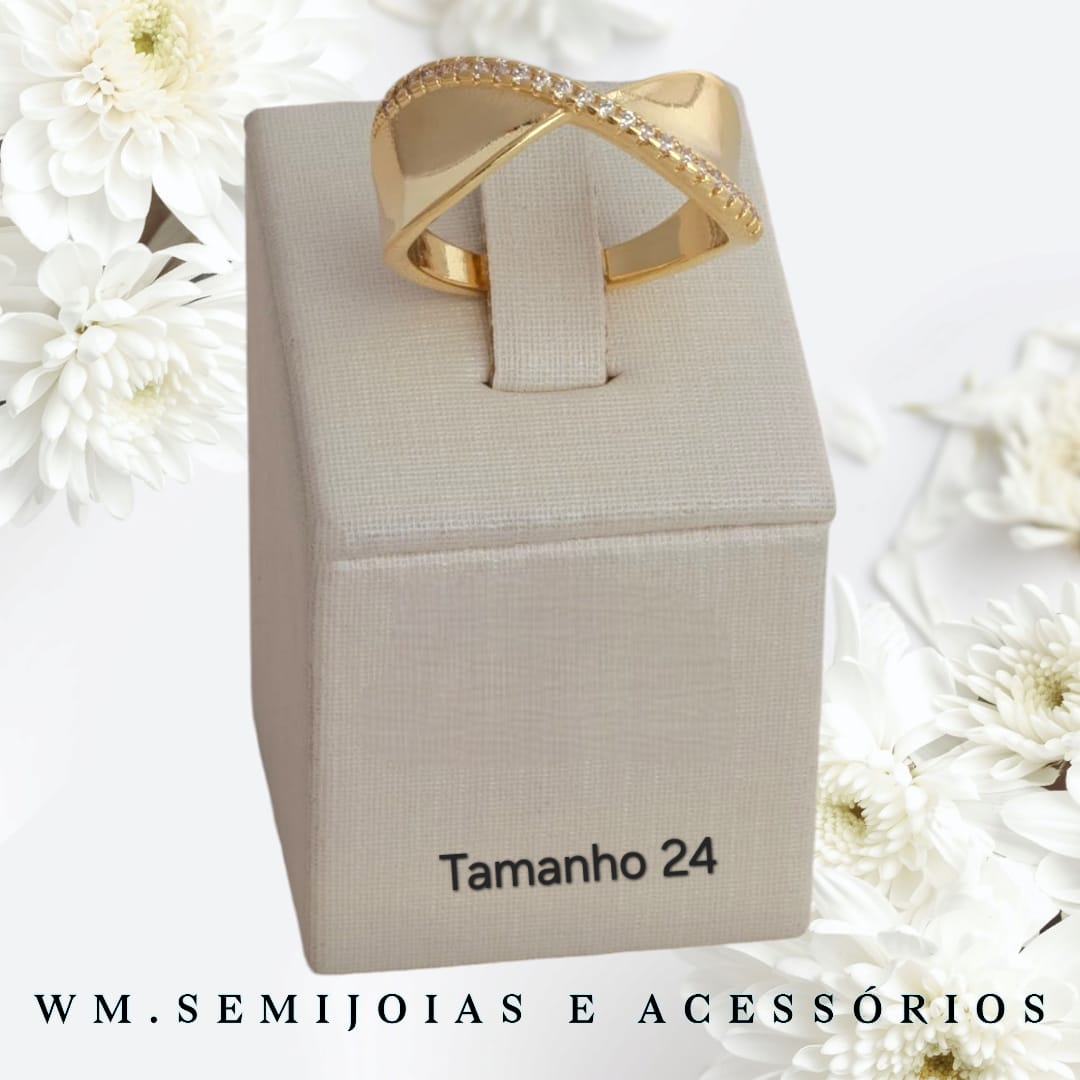 Anel "X" com cravação em microzircônias Banho Ouro Tamanho