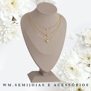 Trio de gargantilhas com esfera em Banho Ouro.