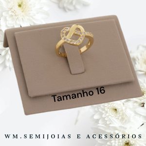 Anel nó Coração com cravação em microzircônias Banho Ouro Tamanho