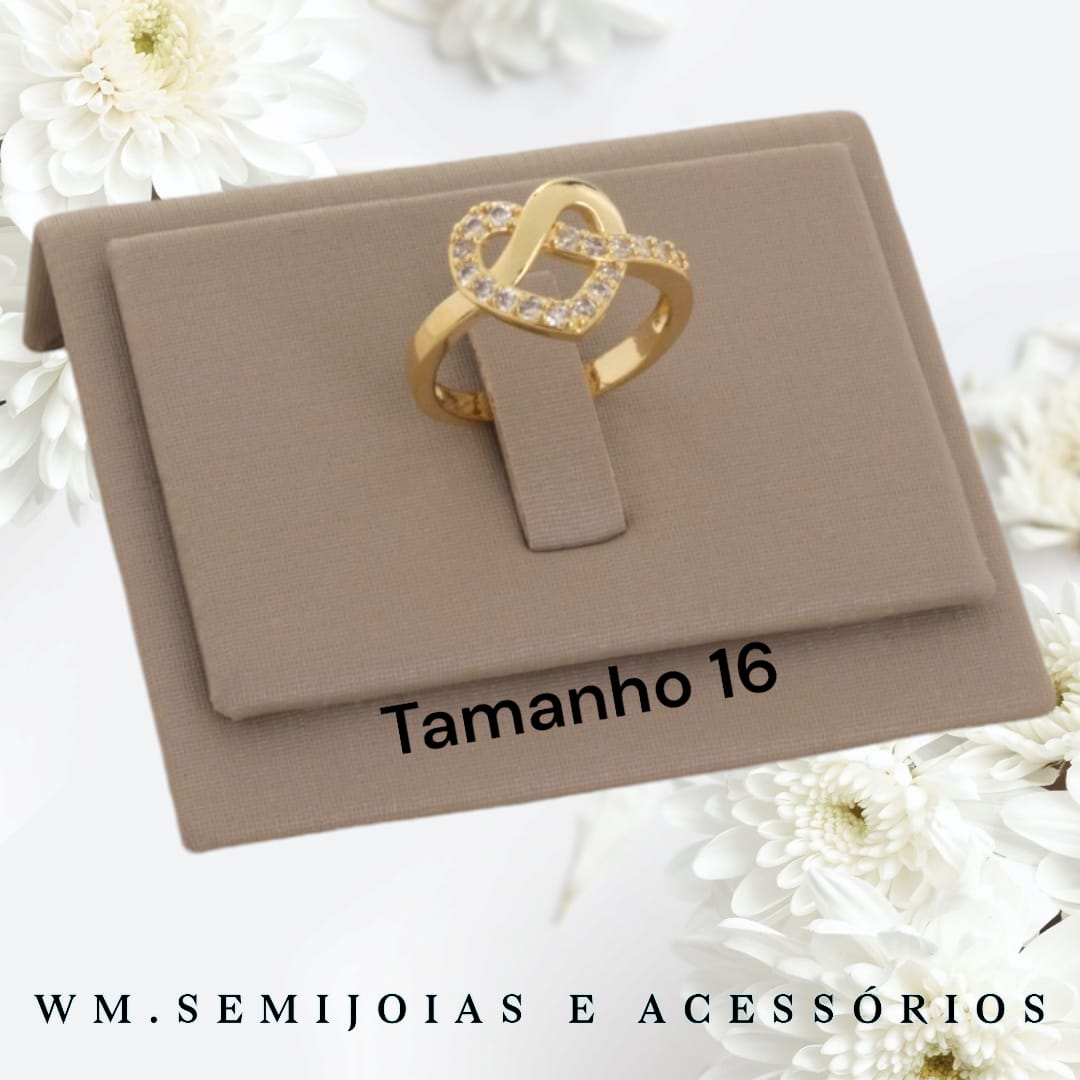 Anel nó Coração com cravação em microzircônias Banho Ouro Tamanho