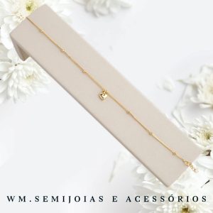 Tornozeleira corações e corrente de esferas em Banho Ouro = TN-00056