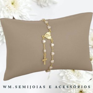 Pulseira religiosa corações pérolas em Banho Ouro