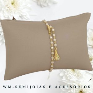 Pulseira Nossa Senhora pérolas em Banho Ouro = PU-00337