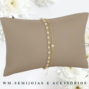 Pulseira dupla pérolas em Banho Ouro 18cm  = PU-00493