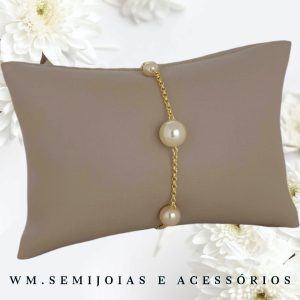 Pulseira pérolas e corrente em Banho Ouro = PU-00142
